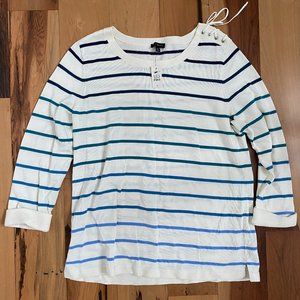NWT Talbots Ivory Blue Ombre Stripe Sweater Lace Up Shoulder Sz M